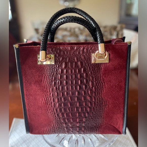Handbags - BURGUNDY CROCODILE EMBOSSED LEATHER & SUEDE SATCHEL BAG  EUC